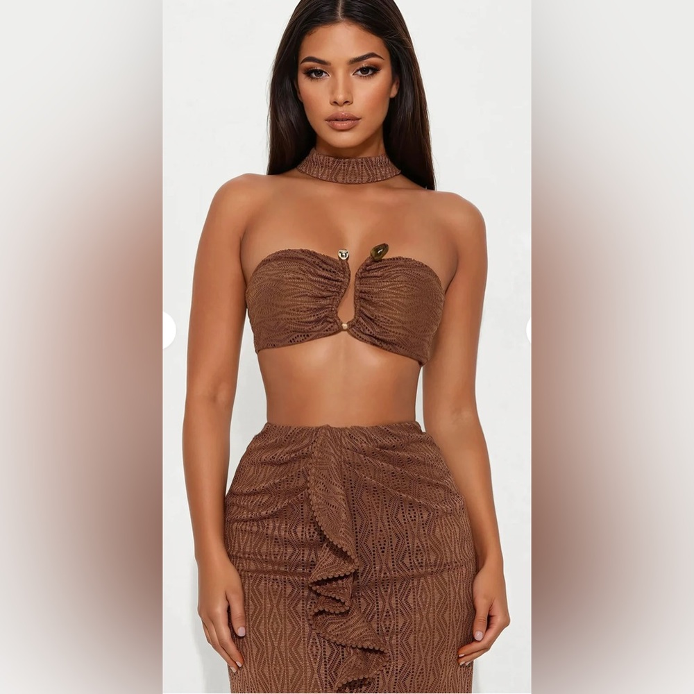 Fashion Nova Savanna Crochet Maxi Skirt Set-Brown-Large NWT🤎 - Picture 2 of 5
